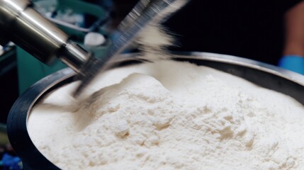 Medium shot of synthetic beryllium alternative powders being carefully mixed in a controlled industrial setting