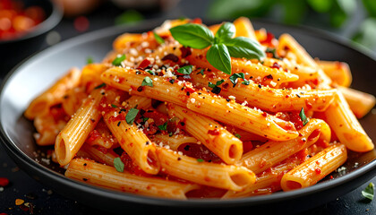 spicy arrabiata pasta with chili flakes, bright red sauce, bold flavor look, appetizing close-up