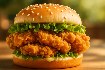 A large, tempting fried chicken patty sandwich with fresh lettuce and mayonnaise on a sesame seed bun.