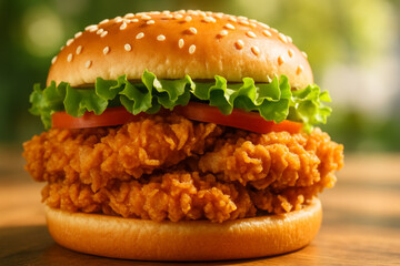 A large, tempting fried chicken patty sandwich with fresh lettuce and mayonnaise on a sesame seed bun.