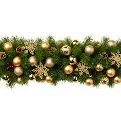 Christmas Garland with Gold Baubles, Snowflakes, Pine Branches and Pine Cones Isolated on Transparent Background
