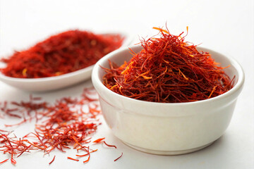 Fototapeta premium A white bowl overflowing with vibrant red saffron threads, with more scattered on a plate and surface against a white background.