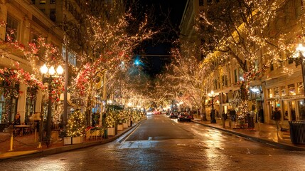 A city street at night illuminated by holiday lights, decorated trees, and people enjoying the festive atmosphere