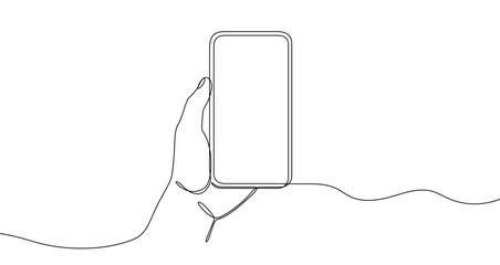 Continuous one line drawing of a single hand holding a smartphone. Editable black stroke on a white background. Vector illustration.