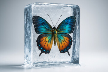 Stunning blue and orange butterfly perfectly preserved and suspended inside clear transparent ice cube