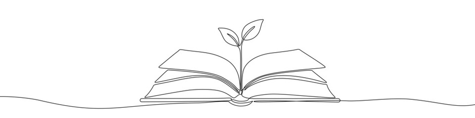 Continuous one line drawing of an open book with a growing plant sprout. Editable black stroke on a white background. Vector illustration.