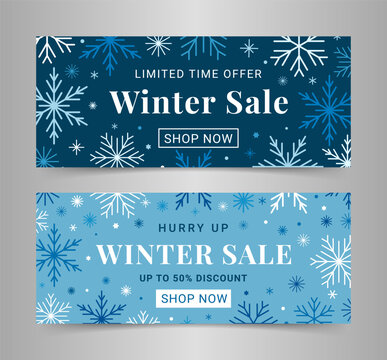 Snowflake backgrounds of seasonal discont offers. Winter sale horizontal banners with shop now buttons. Blue colored snow backdrops. Online shopping webside header vector template.