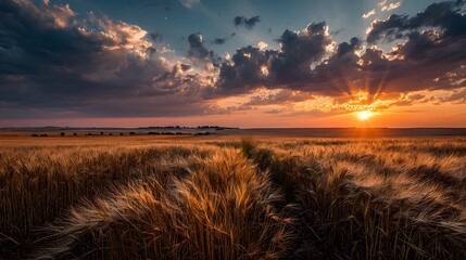 Obraz premium Expansive agricultural landscape shows a ripe wheat field stretching to the horizon under a dramatic sunset with piercing sun rays.
