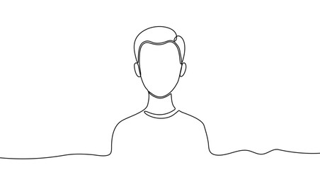 Man portrait or avatar bust in one line art style. Man drawing with editable black stroke on white background. Vector illustration.