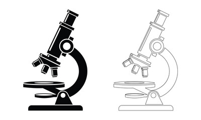 A black silhouette and a line art outline of a microscope isolated on a white background.