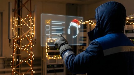 Technician using holographic interface with checklist and Santa hat for festive IT support.