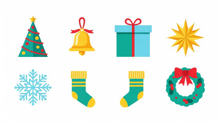 Collection of festive Christmas holiday elements flat design vector illustration isolated on white perfect for seasonal greeting cards web design or app interfaces