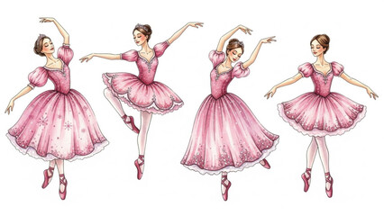 Classic Christmas Pink Ballerina Dancers Set, Watercolor Ballet Girls in Elegant Pink Costumes, Cute Ballet Illustration Collection © Ruwani
