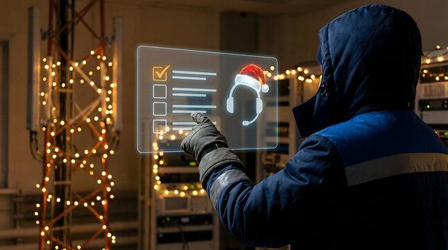 Technician using holographic interface with checklist and Santa hat for festive IT support. - Powered by Adobe