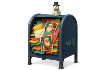 Christmas mailbox full of letters for santa claus, cheerful snowman on top, showing holiday season mail delivery