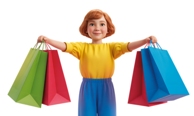 Happy animated woman proudly displays her colorful shopping bags after a successful retail spree