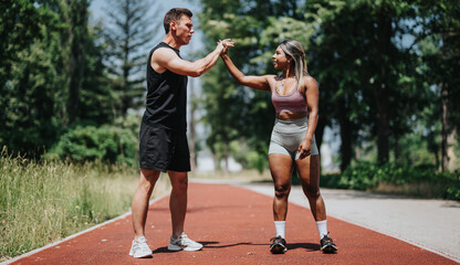 A man and a woman exchange a high-five on an outdoor track, emphasizing motivation and teamwork...