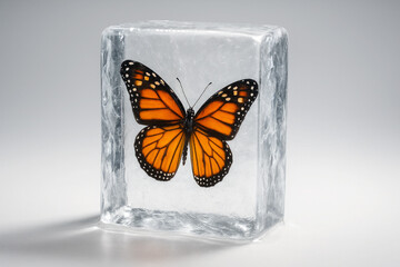 Beautiful orange Monarch butterfly with spread wings frozen inside clear block of ice on grey background.
