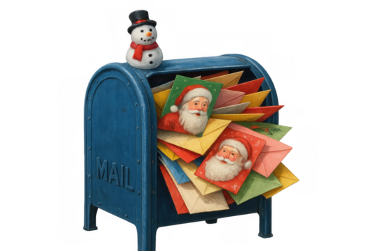 Mailbox full of santa letters and christmas greetings, a snowman figurine on top, sending holiday wishes - Powered by Adobe