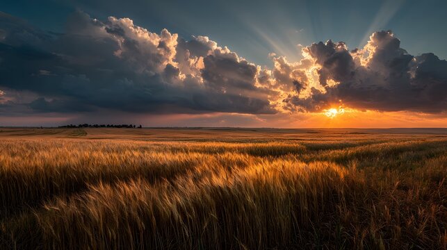 Expansive agricultural landscape shows a ripe wheat field stretching to the horizon under a dramatic sunset with piercing sun rays.