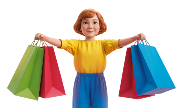 Happy animated woman proudly displays her colorful shopping bags after a successful retail spree - Powered by Adobe