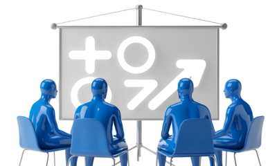 Abstract blue figures brainstorming strategies, analyzing growth symbols on a presentation screen
