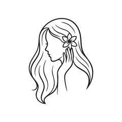 Outline illustration image of a woman with a flower on her ear and hand near her cheek