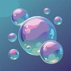 Colorful floating soap bubbles with soft reflections on a dark blue background, shiny and vibrant