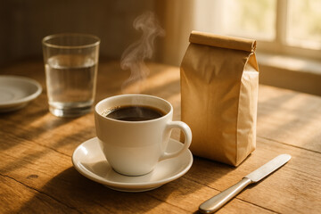 Steaming cup of black coffee next to blank brown paper packaging bag on sunny wooden table.