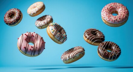 Assorted donuts in mid-air against a light-blue backdrop. Various colors and toppings