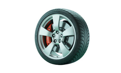 Modern automotive wheel with high-performance tire, sleek silver rim, and red brake caliper
