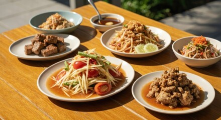 Assorted Thai dishes on a wooden table