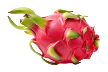 A vibrant and fresh red dragon fruit with green leaves on a white background