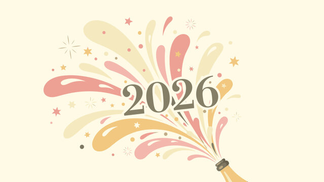 Flat design illustration of colorful fireworks exploding behind '2026' text on a pale yellow background, conveying a Happy New Year 2026 celebration theme with festive and joyful mood.