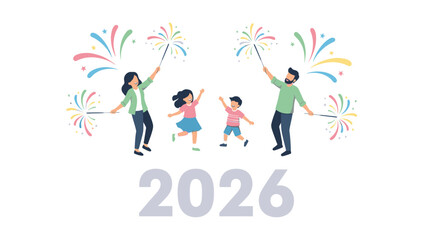 A cheerful family of four jumping and celebrating with fireworks in the air on a white background with a joyful and festive mood for Happy New Year 2026.
