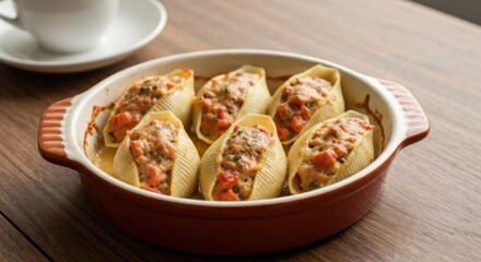 Baked pasta shells filled with savory meat mixture