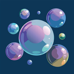 Colorful floating soap bubbles with soft reflections on a dark blue background, shiny and vibrant