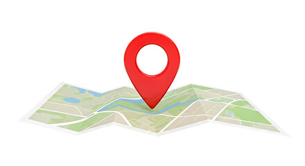 Red map location pin marking a spot on a folded geographical map isolated on transparent background for navigation.