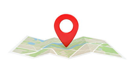 Red map marker pin on folded geographic map indicating a specific travel destination
