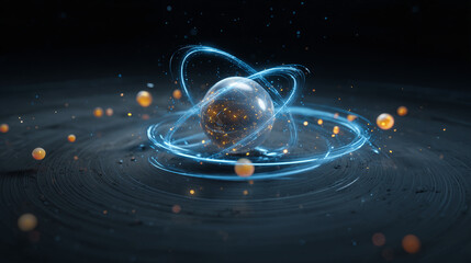 An artistic representation of an atom's structure, showcasing electrons orbiting a central nucleus