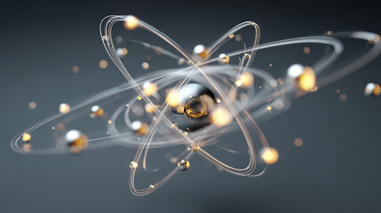 A detailed 3D rendering of an atom, showcasing its intricate structure and energy orbits. The atom's core appears as a central sphere, surrounded by orbiting particles