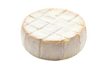A round piece of soft cheese with a white rind and a checkered pattern on top