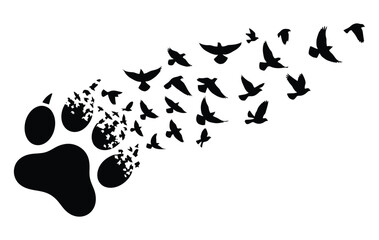 A striking black silhouette of a paw print gracefully transforms and dissolves into a flock of many birds flying freely across a clean white background symbolizing freedom and nature