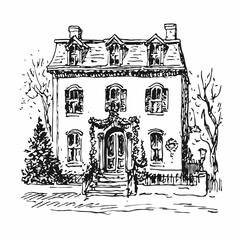 Black and White Ink Drawing of a Historical House Decorated with Garland. Hand-drawn Holiday Mansion Facade Sketch.