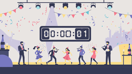 Illustration of people celebrating Happy New Year 2026 on a stage with a countdown timer, colorful confetti, and festive lights in a joyful atmosphere.