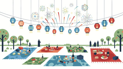 Illustration of people celebrating Happy New Year 2026 in a park with colorful blankets, lanterns, and fireworks decorations.