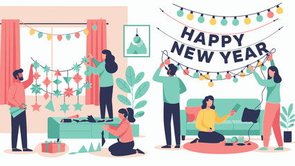 Flat illustration of a group of people decorating a living room with a Happy New Year banner and colorful decorations.