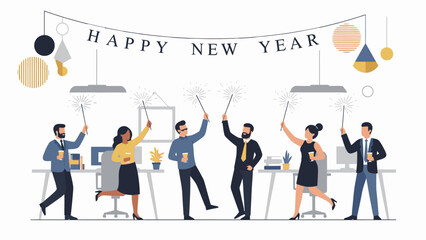 Illustration of businesspeople celebrating Happy New Year 2026 in a modern office with colorful decorations and a festive mood.