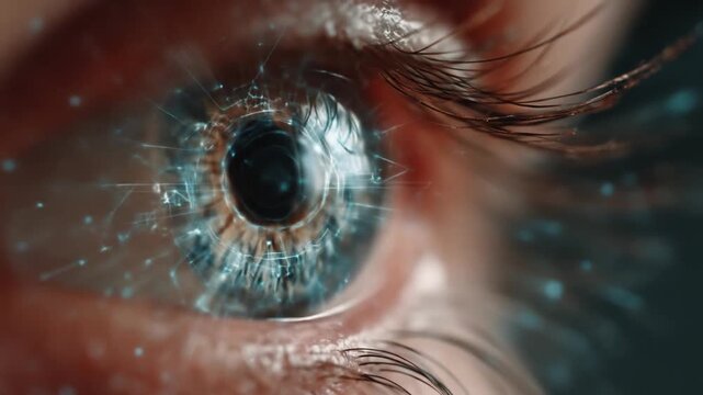 Close-up view of a human eye with a digital overlay, showcasing intricate details and a futuristic aesthetic, suggesting themes of technology and perception