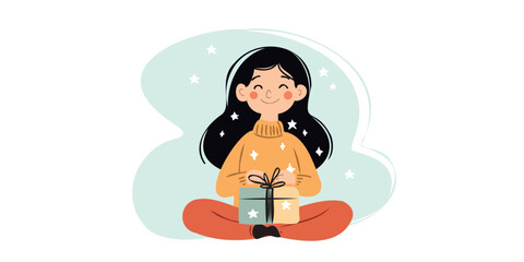 charming little girl sitting with gift box in her hands illustration